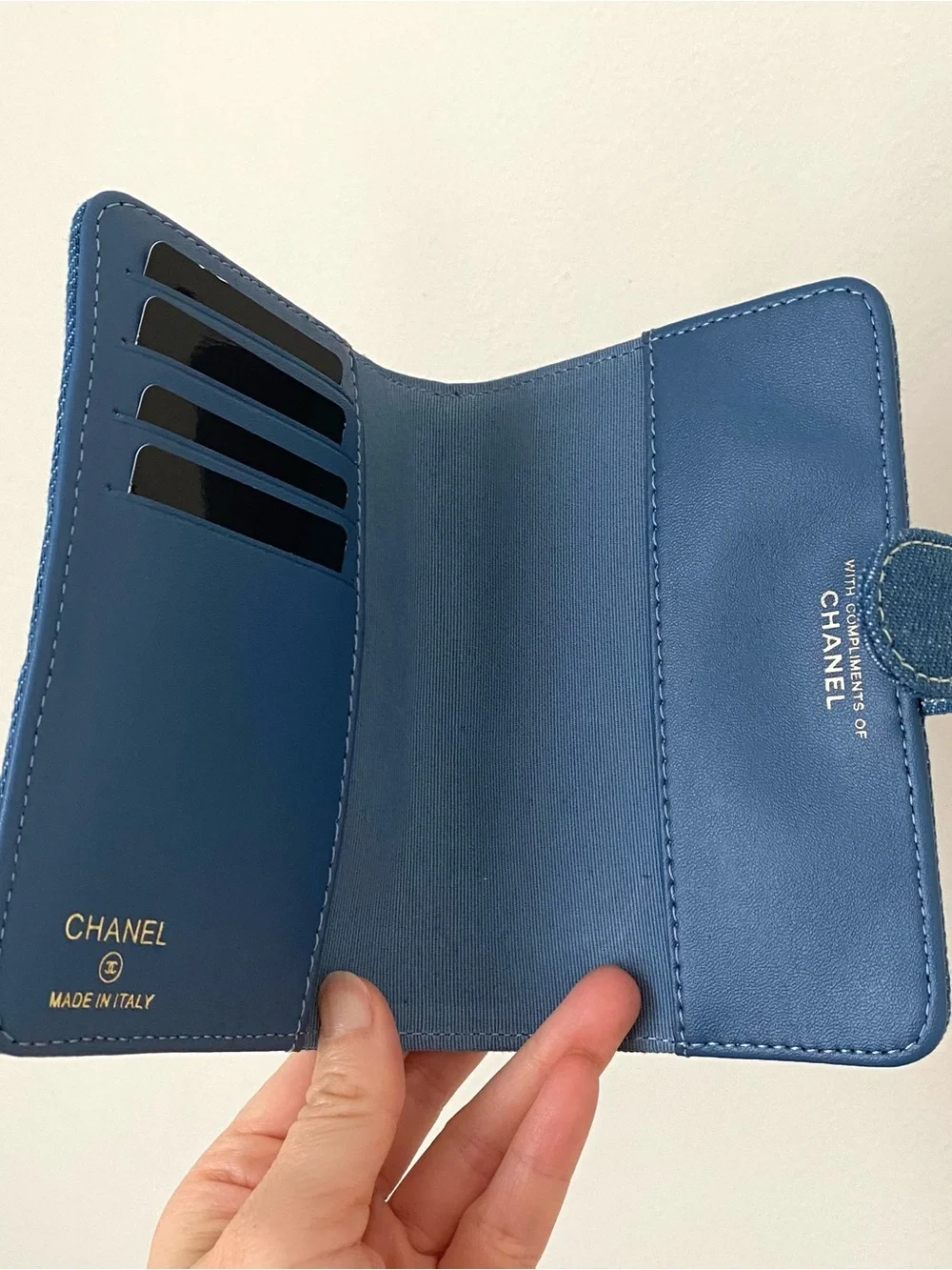 New in Box Chanel GWP CC Logo Blue Denim Passport Holder Travel Wallet